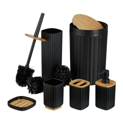 Image of Bathroom Accessories Set, 6 Piece, Plastic &amp; Bamboo, Toilet Brush Bin, Soap Dispenser, Holder, Black Relaxdays
