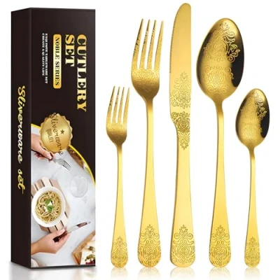 Image of Gold Cutlery Set, Home Safety 30 Piece Dinnerware/Flatware/Silverware Stainless Steel Dinner Set Service for 6, Mirror Polished &amp; Dishwasher Safe, Include Knife/Fork/Dessert Fork/Spoon/Teaspoon