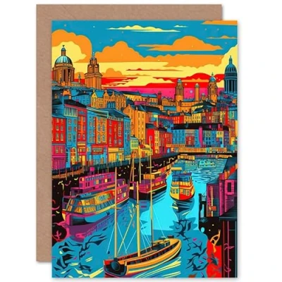 Image of Artery8 Vibrant Liverpool City Waterfront Sunset Cityscape Travel Birthday Sealed Greeting Card Plus Envelope Blank inside