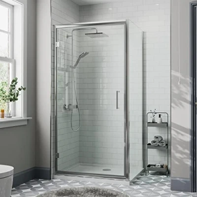 Image of Diamond® 900 x 700mm Hinged Shower Enclosure Door Screen for Wet Room Cubicle Enclosures, 8mm Toughened Safety Glass, Framed, Polished Chrome