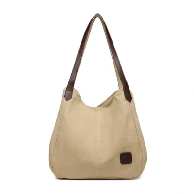 Image of Kono Women Canvas Hobo Shoulder Bag Handbag Ladies Vintage Multiple Pockets Tote Top Handle Bags for Shopping Work School Travel Casual Daily (Khaki)