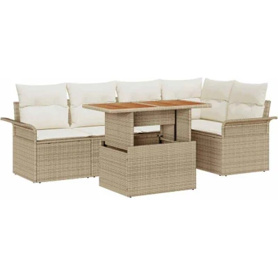 Image of vidaXL 6 Piece Garden Dining Set with Cushions Beige Poly Rattan Acacia