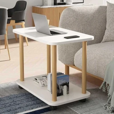 Image of HshDUti Side Table with Wheels, 2 Tier Narrow Night Stand,Wooden End Table, Small Bedside Tabes, Coffee Tables, Tea Sofa for Living Room Bedroom, 23.6x11.8x18.5 Inches (White)