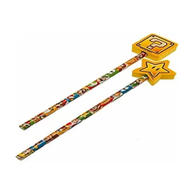 Image of Super Mario Set of 2 Drawing Pencils with Toppers (Colour Block Design) Rubbers on The End. Sketching Pencils. Pencil Set. Art for Kids Official Merchandise