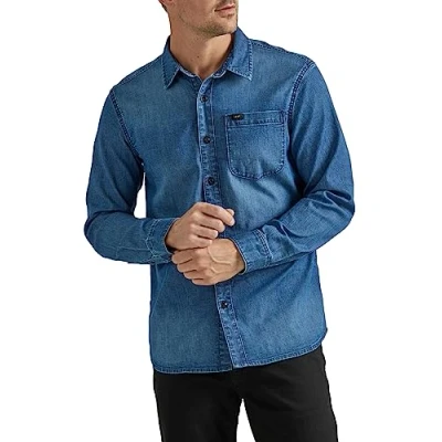 Image of Lee Men&#039;s Extreme Motion All Purpose Long Sleeve Worker Shirt, Denim Medium Wash Indigo, 34/36
