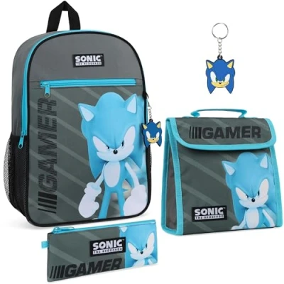 Image of Sonic THE HEDGEHOG Boys Backpack School Bag Sets with Lunch Pencil Case Keyring 4 Piece Kids Travel Set Gifts for