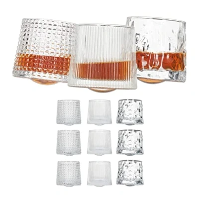 Image of Relaxdays Whisky Glasses, Set of 12, 3 Different Cuts, 150 ml, Tumbler, H x Ø: 7.5 8 cm, Swivel Bottoms, Transparent