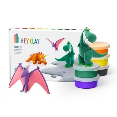 Image of HEY Clay Dinos: Pterodactylus, Triceratops, Tyrannosaurus Set Colourful Modeling Kids Air Dry Kit 6 cans with Fun Interactive Instructions App