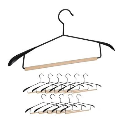 Image of Relaxdays Coat Hangers Set of 12,Wide Shoulders, Suits, Pants Rail,Jacket Holder, Metal &amp; Wood,Black