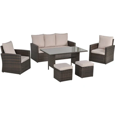 Image of Outsunny 6 Pieces Outdoor PE Rattan Garden Furniture Set with Three seat, Armchairs and Footstools, Patio Wicker Dining Sets w/Glass Top Table, Soft Cushion, Mixed Brown