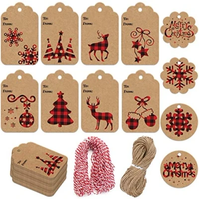 Image of LOKIPA Christmas Kraft Paper Gift Tags,120 Pieces Label Tag with 230 feet String