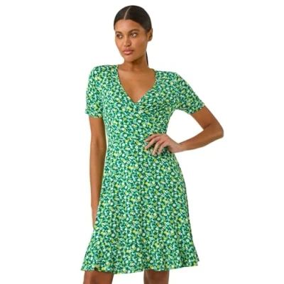 Image of Roman Originals Wrap Tea Dress for Women UK Ladies Fit &amp; Flare Skater Swing Stretchy Frill Long Sleeve Autumn Winter Evening Cocktail Party Work Office Casual Knee Length Ditsy Green Size 18