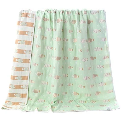 Image of Hayisugar Soft Baby Blankets 6 Layer Muslin Cloth 100% Cotton Kids Toddler Blanket Swaddle for Boys &amp; Girls, Green Fish, 110 x 105 cm