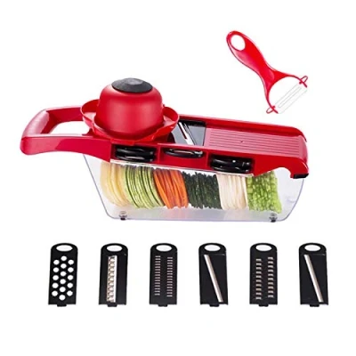 Image of Mandoline Slicer, Vegetable Slicer 7 in 1 Multi Function Food Grater Chopper Fruit and Cheese Cutter with 6 Interchangeable Blades Free Peeler
