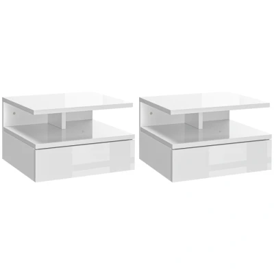 Image of HOMCOM Floating Bedside Table Set of 2, Wall Mount Nightstands with Storage Drawer and Open Shelf for Bedroom, High Gloss White