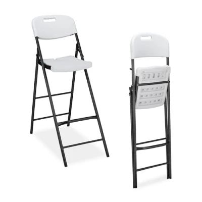 Image of Relaxdays Foldable Bar Stool, Set of 2, Backrest, HxWxD: 118 x 44.5 82 cm, High Chair, Balcony, PE &amp; Metal, White, cm