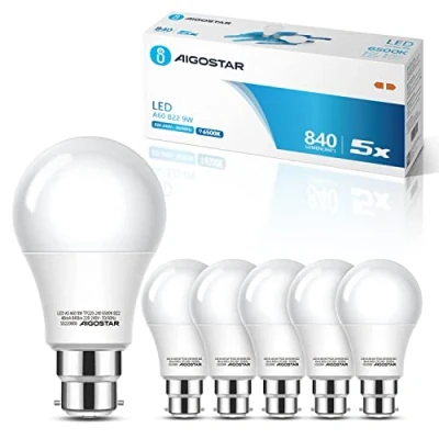 Image of Aigostar B22 LED Bulb Bayonet, Bayonet Light Bulb, 9W 840LM Bulbs, 62W Equivalent, Cool White 6500K, Energy Saving Pack of 5