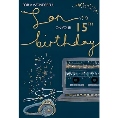 Image of Son 15th Birthday Card Age 15 Wonderful Special Finishes Contemporary Music Design Illustrated Insert Leaf Made in the UK Eco Friendly