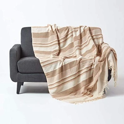 Image of HOMESCAPES Natural Beige Throw “Morocco Cotton Textured Stripe 150 x 200 cm Bedspread Sofa Handmade Suitable for Armchairs and 2 Seater Sofas or Single Double Beds Machine Washable