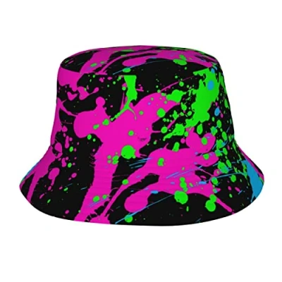 Image of 874 Bucket Hat Glow in Dark Splatter Neon Sun Hats Unisex Fisherman Uv Protection for Beach Outdoor Hiking