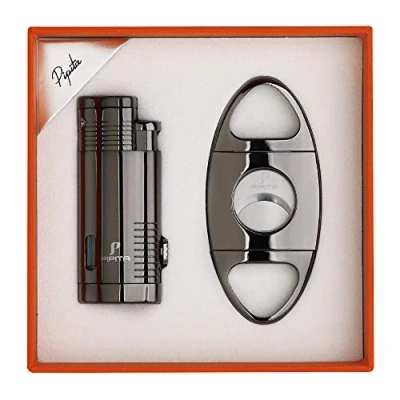 Image of PIPITA Torch Lighter Gift Set,Windproof Triple Jet Flame with Punch and Cutter Set, Refillable Buntane Gas Lighters (Without Gas)(Grey)