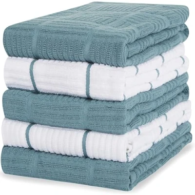 Image of Sticky Toffee 100% Cotton Terry Tea Towel Blue Aqua Plain &amp; Stripe Pattern, Pack of 5 Kitchen Set Absorbent, Strong, Quick Dry Machine Washable Home Bathroom Accessories