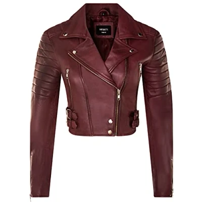 Image of Ladies Cropped Jacket Short Body Gothic Top Burgundy Chic Biker REAL LEATHER 3XL