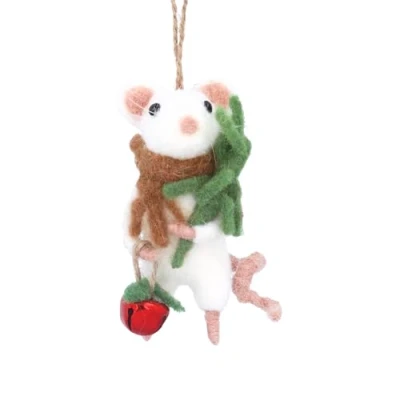 Image of Gisela Graham Wool Mouse with Ball and Branch Tree 10x7x4cm Hanging Decoration
