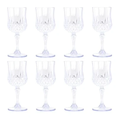 Image of Carousel Home Pack of 8 Embossed Plastic Wine Glass Cut Crystal Effect Reusable Clear Drinkware Outdoor Champagne