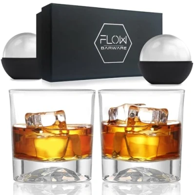 Image of FLOW Barware Mountain Base Whiskey Glasses Rum or Whisky Glass Set of 2 400g Heavy Weighted Tumbler for Scotch, Bourbon, Gin,