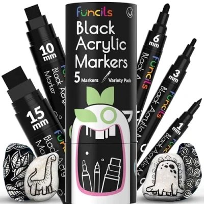 Image of Funcils 5 Acrylic Black Paint Pen Fine Tip, Thin Point &amp; Jumbo Pens (1mm, 3mm, 6mm, 10mm, 15mm) Marker for Plastic, Canvas, Wood, Rock Painting, Fabric, Tire, Metal, Glass