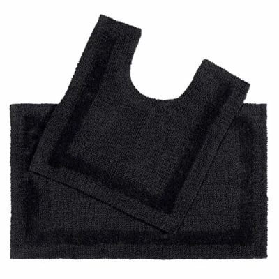 Image of HOMESCAPES Luxury 2 Piece Bath Mat Set 50 x 80 cm and 55 Black 100% Cotton Bathroom Pedestal Machine washable Rugs in First Class Quality
