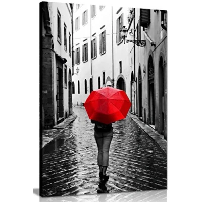 Image of Woman with Red Umbrella Black &amp; White Canvas Wall Art Picture Print (18x12in)