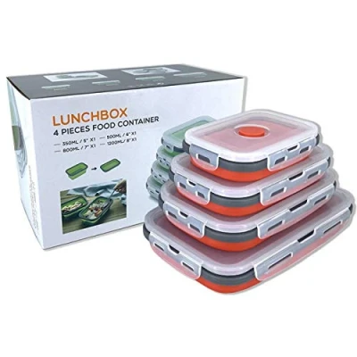 Image of Collapsible Silicone Food Storage Container with Lid, Portable Lunch Bento Box Outdoor Picnic Space Saving, Microwave, Dishwasher and Freezer Safe, Set of 4(Red)