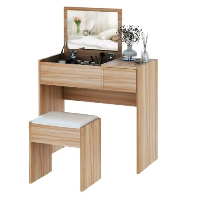 Image of HOMCOM Makeup Desk with Drawer, Vanity Table Set Flip up Mirror and Cushioned Stool, Natural