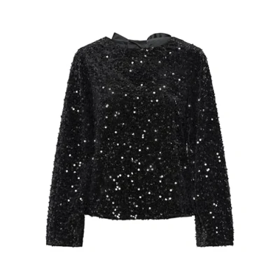 Image of PIECES Women&#039;s Pckam Ls Deep Back Bow Top Longsleeve T Shirt, Black/Detail: Black Sequins, M