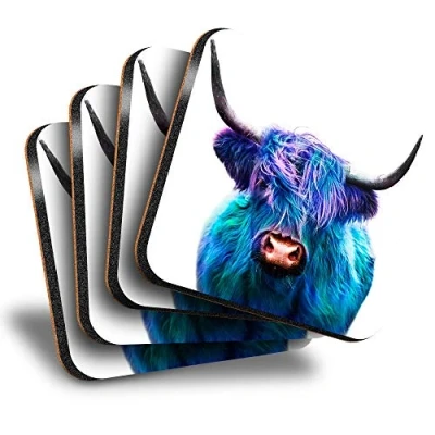 Image of Destination Vinyl ltd Great Coasters (Set of 4) Square Blue Pop Art Highland Cow Animal Drink Glossy Coasters/Tabletop Protection for Any Table Type #21683