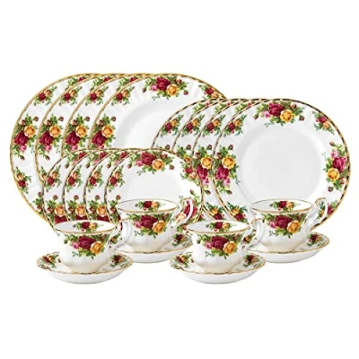 Image of Royal Albert Old Country Roses 20 Piece Dinner Gift Set Vintage Serving for 4, with Bone China Tea Cup and Saucer Set, Plates, Salad Bread &amp; Butter Plates Floral Pattern