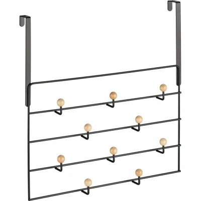 Image of Relaxdays Coat Rack, 10 Hooks, Hanging, for 4 cm Doors, Hallway &amp; Bedroom, Convenient Storage, Black/Natural, Wood, 47.5 x 46 9