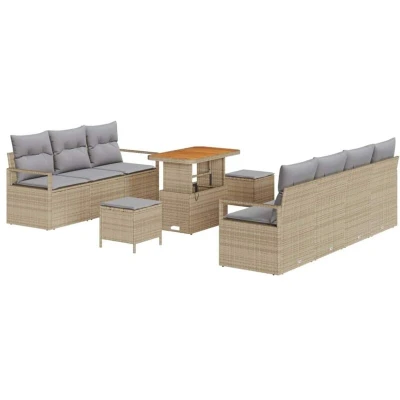 Image of vidaXL 10 Piece Garden Sofa Set with Cushions Beige Poly Rattan Acacia