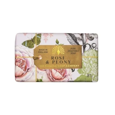 Image of The English Soap Company Anniversary Wrapped Bar, Floral Shea Butter Moisturising Bar for Face and Body, Rose Peony Scent 190g