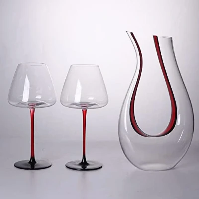 Image of HALAWAKA Wine Decanter 100% Lead Free U Shaped Crystal Glass Carafe Hand Blown Black Red