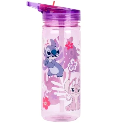 Image of Disney Stitch Water Bottle with straw 580 ml 100% Leakproof Durable School Strong Plastic and BPA free Pink &amp; Purple