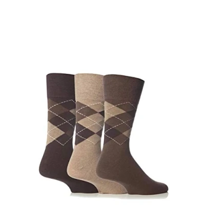 Image of Mens 3 Pair Gentle Grip Argyle Mix Socks In 2 Colours 6 11 Brown