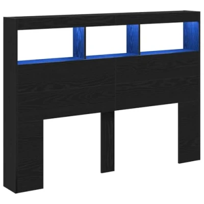 Image of vidaXL Headboard Cabinet with LED Lights Black Oak Freestanding Bed Storage, Engineered Wood 140x17x102 cm RGB Lighted, Bedroom Modern Decorative Furniture
