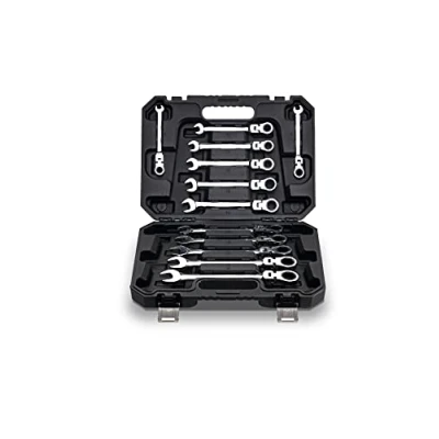 Image of FLZOSPER 12 Piece Flexible Head Ratcheting Wrench Set，Metric Combination Spanner Kit, 8 19mm Chrome Vanadium Steel Ratchet Set with Portable Suspended Toolbox