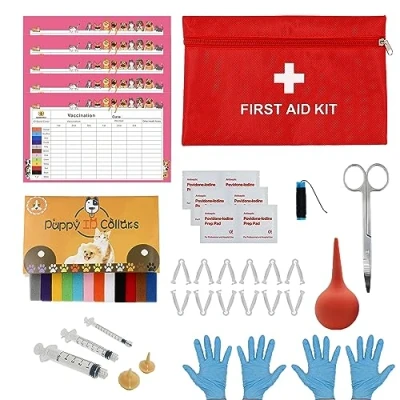 Image of SQUARECIRCLE Complete Dog Whelping Kit with Feeding Nipple, Record Keeping Charts, ID Collars, Aspirator, Cord Clamps &amp; More Essential for Newborn Puppies (Red no pad)