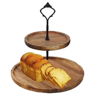 Image of Fruit Tray Stand 2 Tier Cake Wooden Serving Platter Dessert Cupcake Holder Display Party Storage