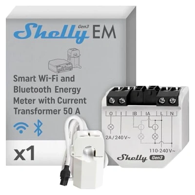 Image of Shelly EM Gen3 + 50А Clamp Wi Fi &amp; Bluetooth Smart Energy Meter and Contactor Control Relay Switch Current Transformer Home Automation Alexa Google No Hub Required Power Monitoring