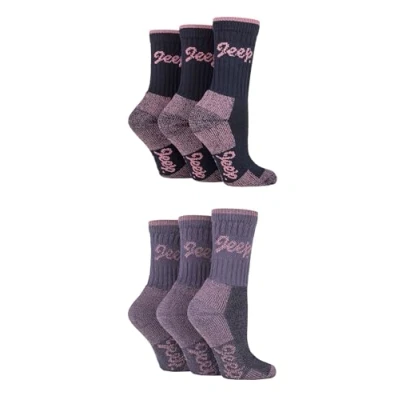 Image of Jeep Womens Cotton Boot Socks Luxury Terrain Calf Length Plain with Logo,Ribbed, Cushioned &amp; Chunky for Walking, Hiking, Trekking the Outdoors Size 4 8 6 Pair Multipack Navy Rose
